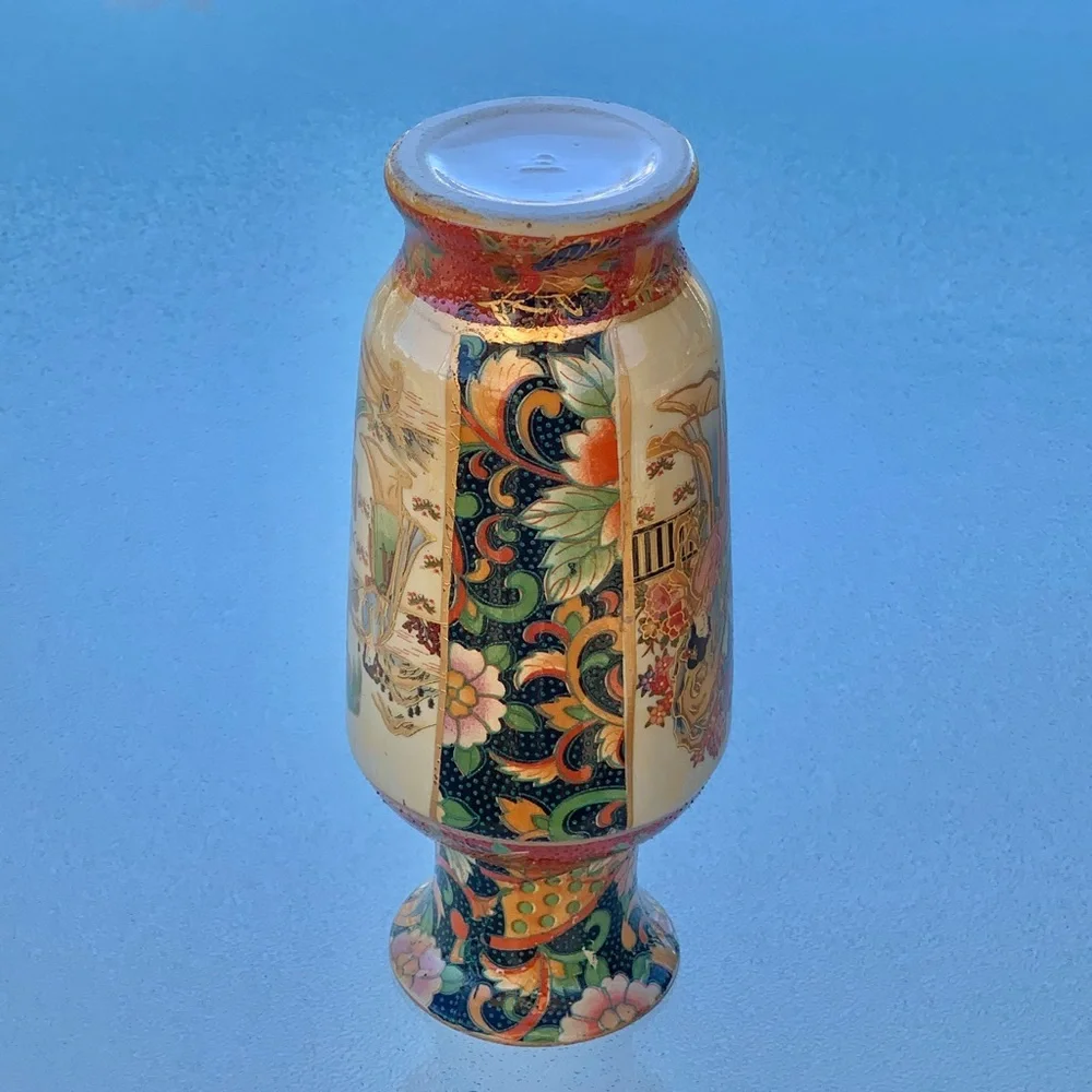 Chinese Porcelain Red and Blue Floral Hand Painted Textured Asian Art 8” Vase